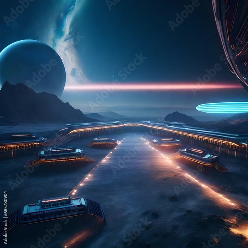 A spaceport on an alien planet serving as a gateway for interstellar travel. Futuristic spacecraft take off against a backdrop of unknown celestial bodies