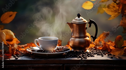  Coffee set and coffee pot, in the style of serene and peaceful autumn ambiance, AI Generative