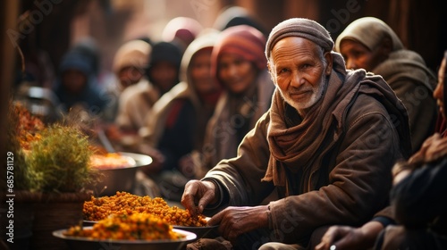 Alter Mann verkauft Lebensmittel auf einem asiatischen Markt photo