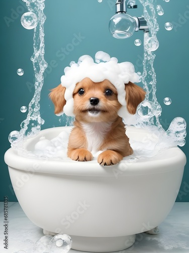 puppy in bath in tub light blue background