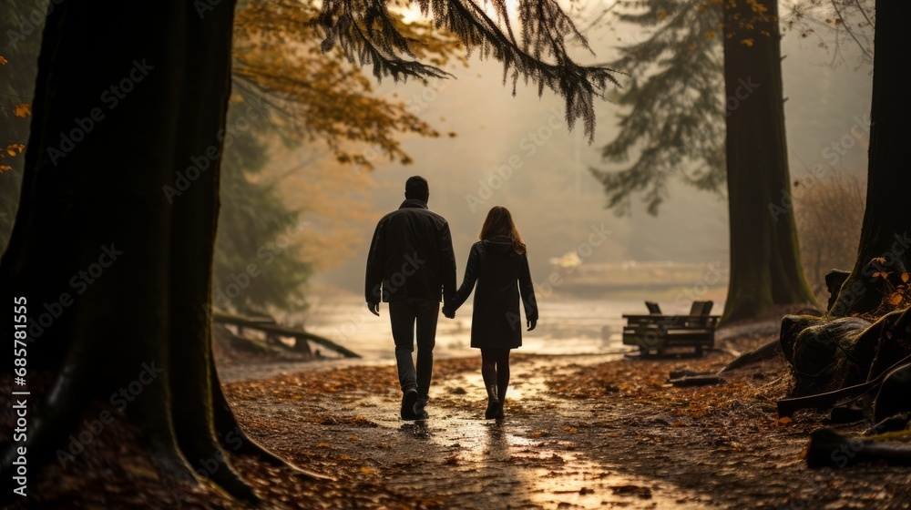 Fototapeta premium Silhouette eines Paars, das Händchen haltend durch einen wunderschönen Wald im Herbst läuft