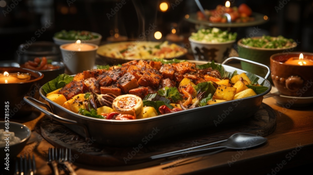 Hearty Feast: Grilled Meat and Vegetables on Festive Table Hearty Feast: Grilled Meat and Vegetables on Festive Table