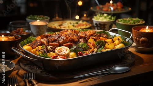 Hearty Feast: Grilled Meat and Vegetables on Festive Table