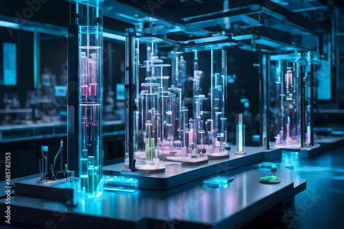 A laboratory of the future, blending advanced biotechnology with sleek design. 