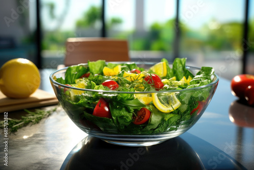 Seasonal summer vegetable salad in a glass bowl. Vegan organic food, dietary meal in a rustic style.