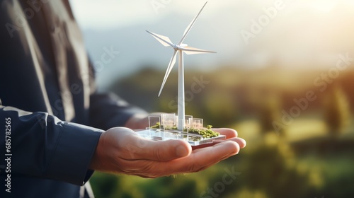 a person holding a model of a windmill photo