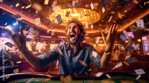A happy man winning poker in casino and money flying around him