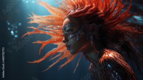 a woman with red hair and a body of water