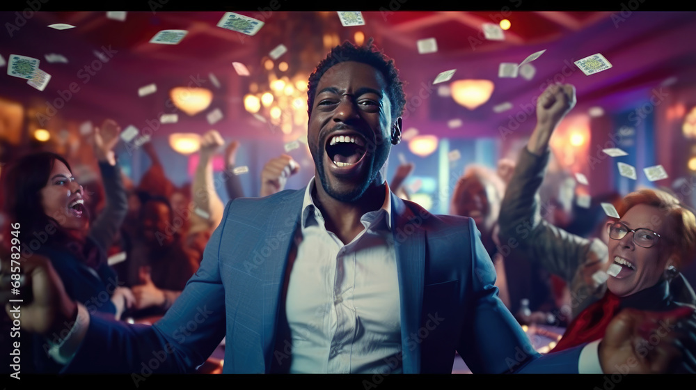 A happy man winning poker in casino and money flying around him - obrazy, fototapety, plakaty 