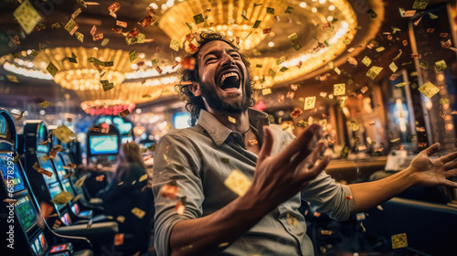 A happy man winning poker in casino and money flying around him