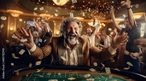 A happy man winning poker in casino and money flying around him