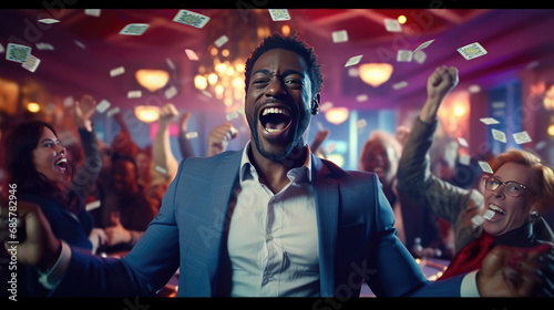 A happy man winning poker in casino and money flying around him photo