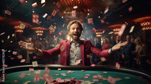 A happy man winning poker in casino and money flying around him