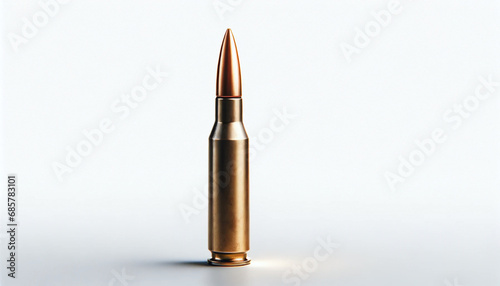 Single brass bullet standing upright on white