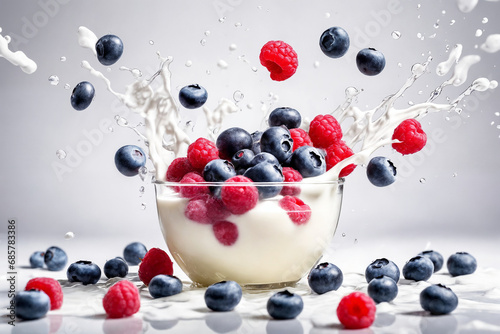 Fresh Raspberry, blueberries splashing into milk or yogurt. Generative Ai.