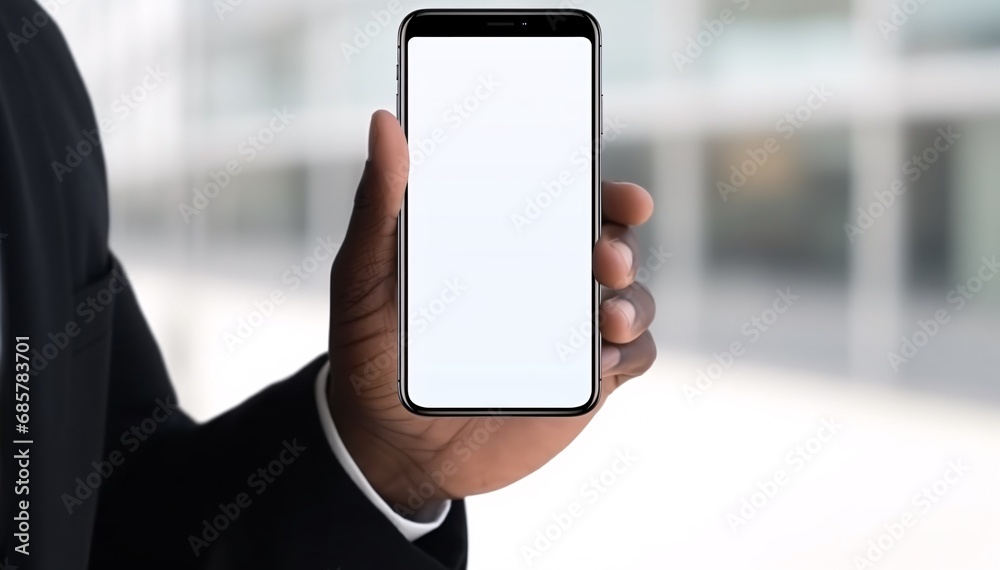 A businessman holds a mockup smartphone with a blank, blurred white background. A businessman holds a mockup smartphone with a blank, blurred white background.