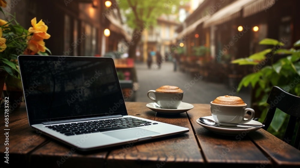 A laptop on a coffee shop table, surrounded by the comforting hum of conversations and the aroma of freshly brewed coffee.