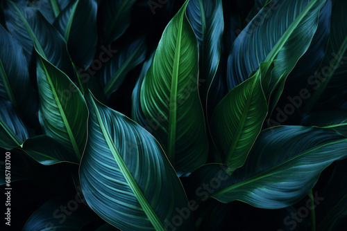 A close-up of tropical forest plant Spathiphyllum Cannifolium featuring bright blue-green leaves against a dark nature background makes a great abstract desktop wallpaper or website backdrop.