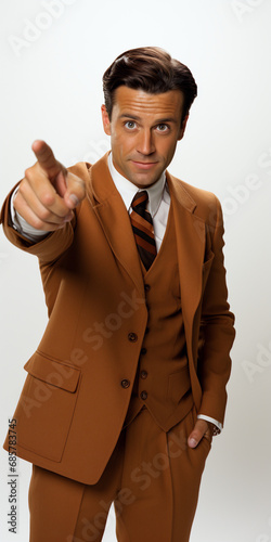 Man in brown suit pointing with a confident smile