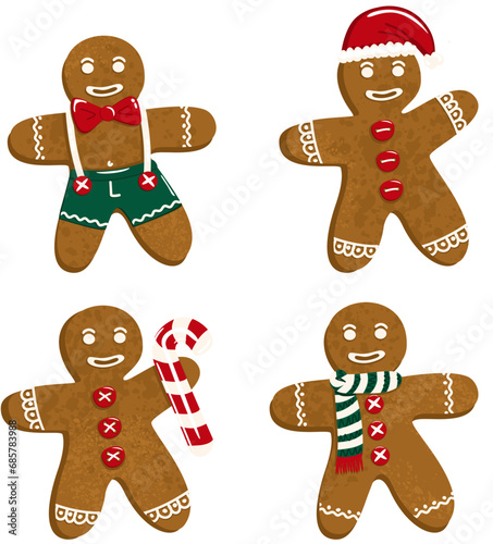 Vector set of gingerbread men in clothes, smiling happily, holding a candy cane, wearing a Santa hat
