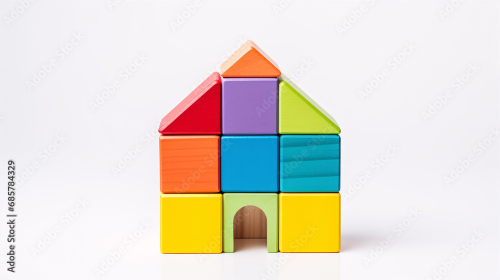 A partially-constructed wooden house of vibrant blocks is arranged on a stark white background. A partially-constructed wooden house of vibrant blocks is arranged on a stark white background.