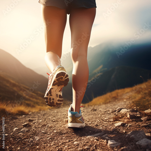 Exploring the hills via foot, a female's legs ensconced in sporty shoes and packed with supplies stride along a narrow path. photo