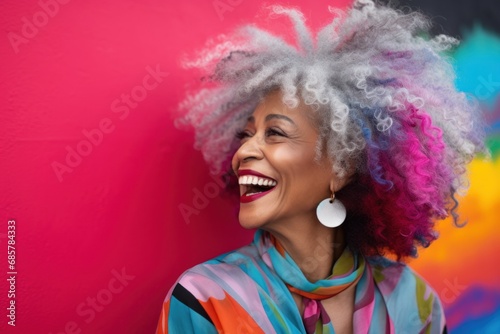 Portrait of African American mature laughing woman with gray hair on bright colorful background.