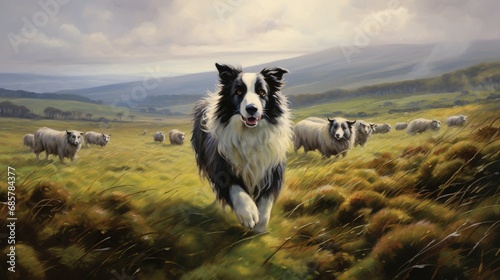 A loyal border collie herding sheep in a picturesque countryside. © Eun Woo Ai