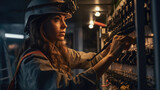 A female electrician is working on a fuse box, wearing safety equipment, a reminder that safety is always in style