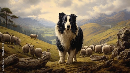 A loyal border collie herding sheep in a picturesque countryside.