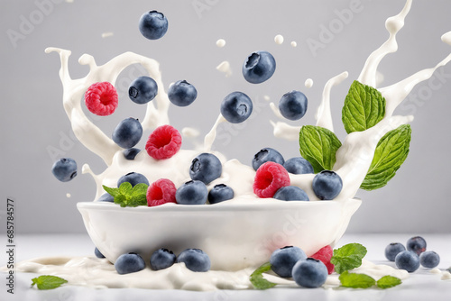 Fresh Raspberry, blueberries splashing into milk or yogurt. Generative Ai.