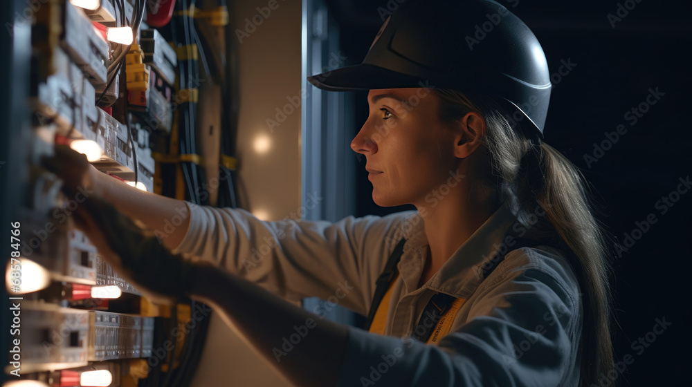 A female electrician is working on a fuse box, wearing safety equipment, a reminder that safety is always in style A female electrician is working on a fuse box, wearing safety equipment, a reminder that safety is always in style