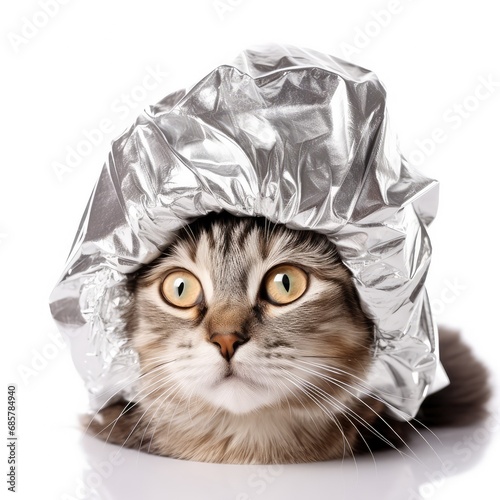 Aluminum Foil Hat on Cat, Aluminium Paper Helmet, Conspiracy Comic Cat, Tinfoil Cap