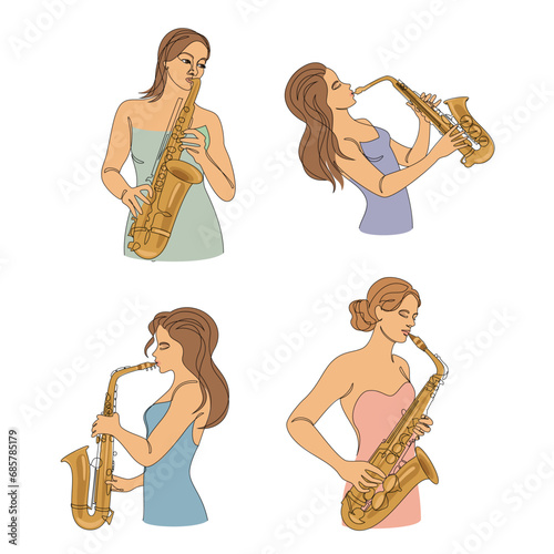 Collection. Silhouette of a beautiful woman playing the saxophone in a modern continuous line style. Slim girl saxophonist. Decor sketches, posters, stickers, logo. set of vector illustrations