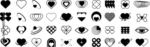 Set of heart and star icons. Abstract hearts shapes. Modern simple black heart collection. Valentines day hearts icons. Set of geometric minimalists brutalism elements,boho,swiss style. Love concept.