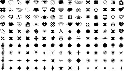 Set of heart and star icons. Abstract hearts shapes. Modern simple black heart collection. Valentines day hearts icons. Set of geometric minimalist stars elements bohemian  swiss style. Love concept.
