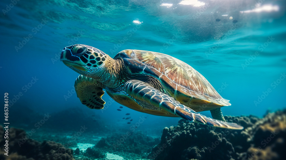 Fototapeta premium Sea turtle underwater, blue clear water, sun's rays make their way through water. Underwater world. Sea inhabitants. Generated by AI