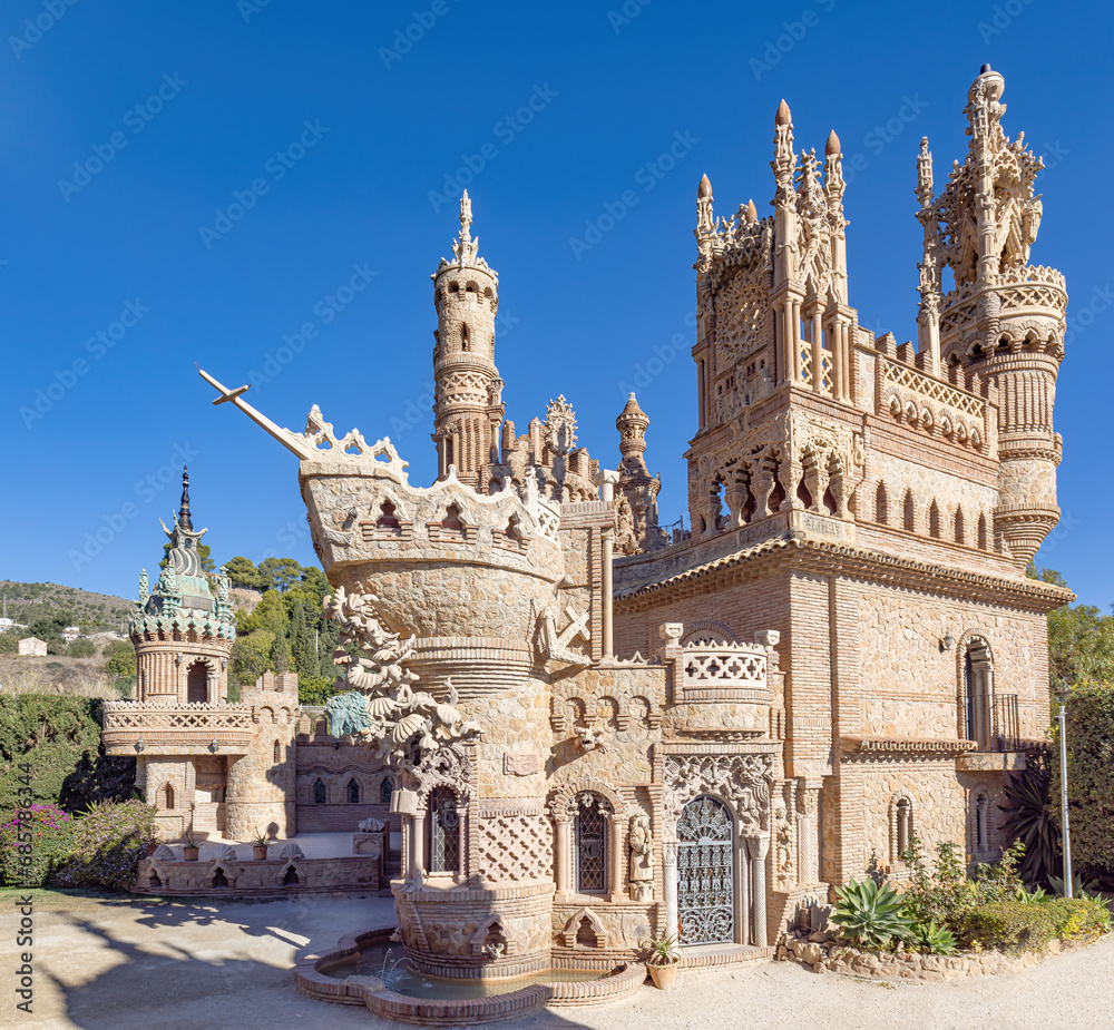 Exterior facade of Castillo de Colomares monument, in the form of a castle, dedicated to the life and adventures of Christopher Columbus in Benalmadena, Andalusia, Spain