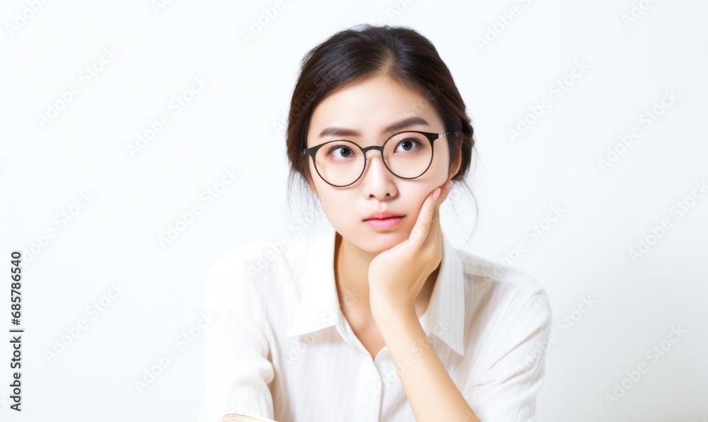 Cute Korean female student is posing studying and thinking with a book in front of her