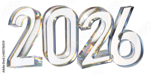 happy new year 2026 glass letter with chromatic aberration refraction dispersion 3d illustration isolated