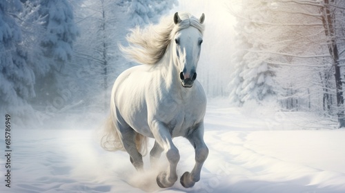 A majestic white horse galloping through a snowy winter landscape.