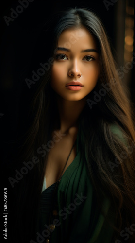18 years old asianwoman, long hair and green eyes