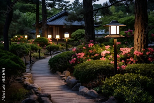 a traditional gardenway in Japan at dusk. generative AI