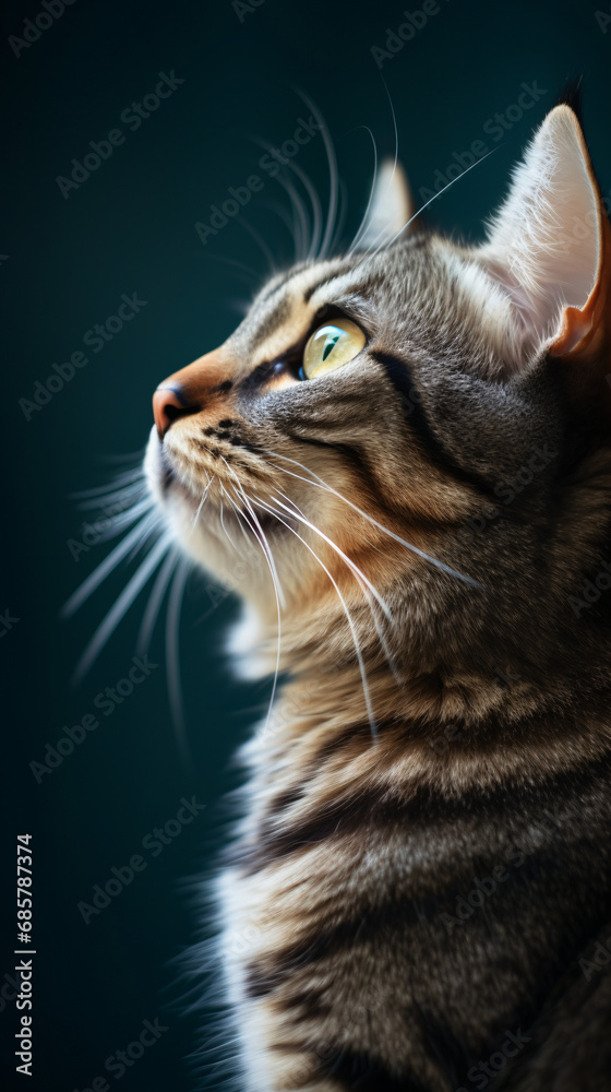 Beautiful tabby cat portrait on dark background. Close up.