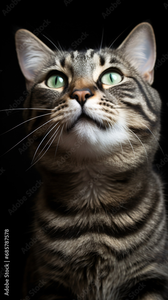 Portrait of a tabby cat with green eyes on a black background