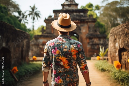 Male tourist wearing hat and backpack on holiday walking through Hindu temple in tropical region