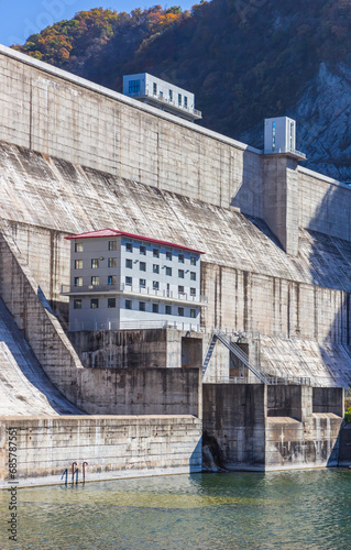 Large dam and reservoir in the Taizi river near Benxi, China photo