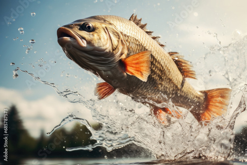 Close up of Fish jumping over the surface water in lake with splashing of water and beautiful sky background, fishing on lake concept.