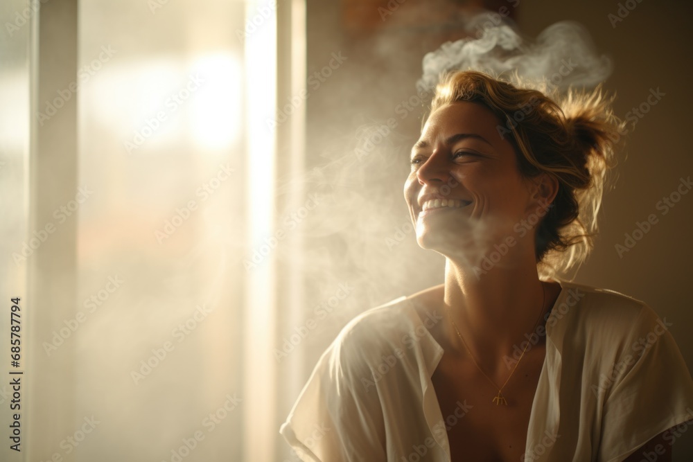long-haired woman smoking at the window in the afternoon, summer vibes - obrazy, fototapety, plakaty 