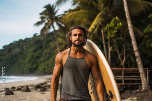 Young surfer holding surf board on the tropical beach